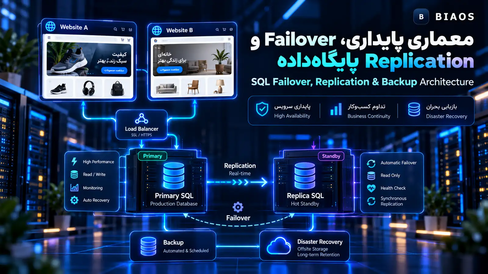 معماری پایداری پایگاه‌داده برای دو وب‌سایت با SQL Replication، Failover، Backup و Disaster Recovery